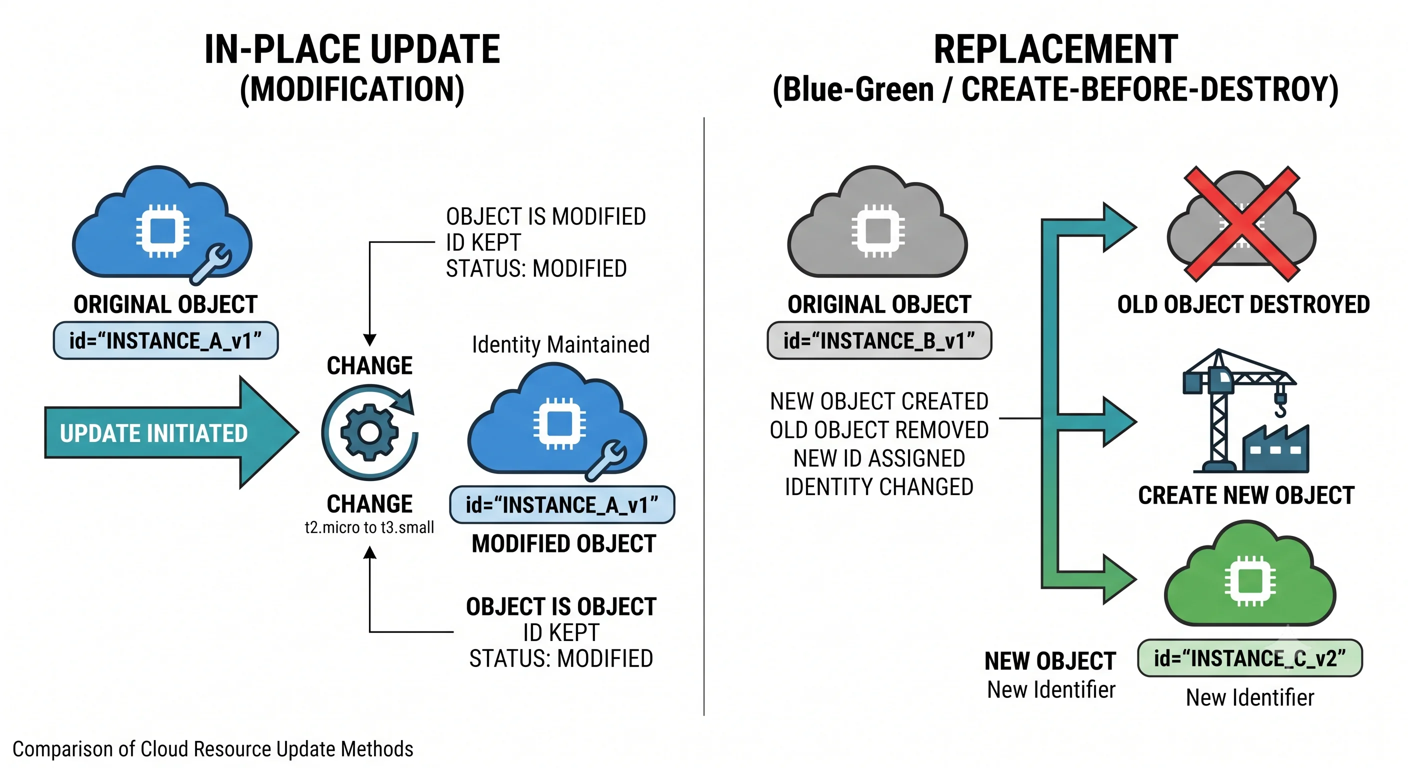 Comparison of an in-place update keeping the object and its identity against a replacement destroying it and creating a new one